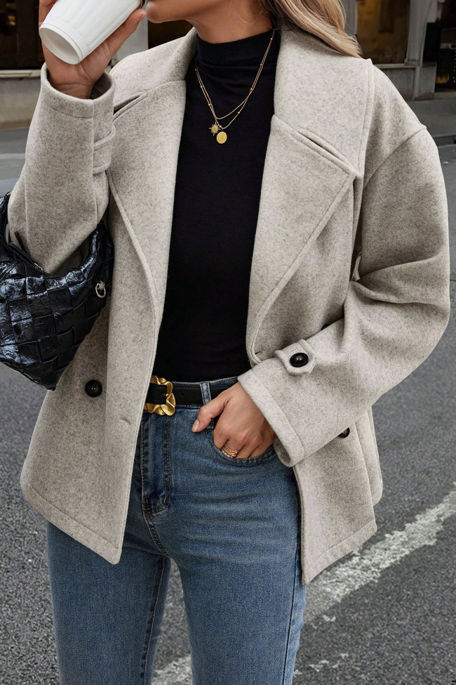 Solid Color Lapel Long Sleeved Woolen Cardigan Coat