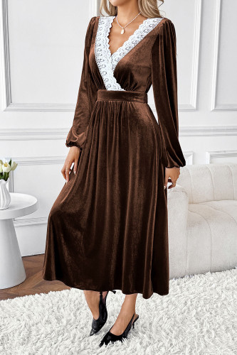 Lace V-neck Long Sleeved Velvet Dress