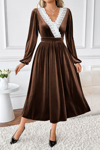 Lace V-neck Long Sleeved Velvet Dress