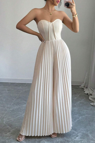 Solid Color Strapless Pleated Jumpsuit