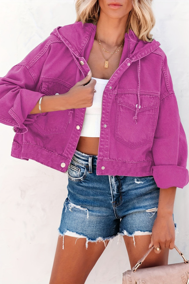 Solid Color Long Sleeved Denim Hooded Jacket