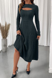 Solid Color Long Sleeved Waist Cinching Dress
