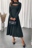 Solid Color Long Sleeved Waist Cinching Dress