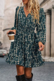 Floral Print Lantern Long Sleeve V-neck Dress