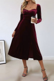 Velvet Solid Color Long Sleeved Slit Dress