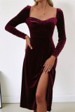 Velvet Solid Color Long Sleeved Slit Dress