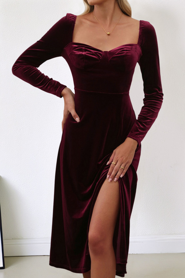 Velvet Solid Color Long Sleeved Slit Dress