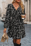 Floral Print Lantern Long Sleeve V-neck Dress