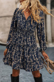 Floral Print Lantern Long Sleeve V-neck Dress