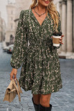 Floral Print Lantern Long Sleeve V-neck Dress