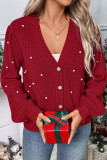 Christmas Pearl Decoration V-neck Cardigan Sweater