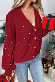 Christmas Pearl Decoration V-neck Cardigan Sweater