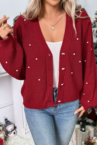 Christmas Pearl Decoration V-neck Cardigan Sweater
