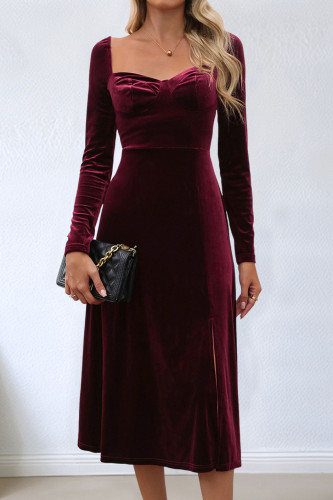 Velvet Solid Color Long Sleeved Slit Dress