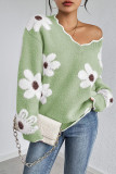 Flower Pattern V-neck Knitted Sweater