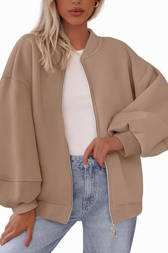 Baseball Collar Long Sleeved Solid Color Zipper Jacket