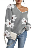 Flower Pattern V-neck Knitted Sweater