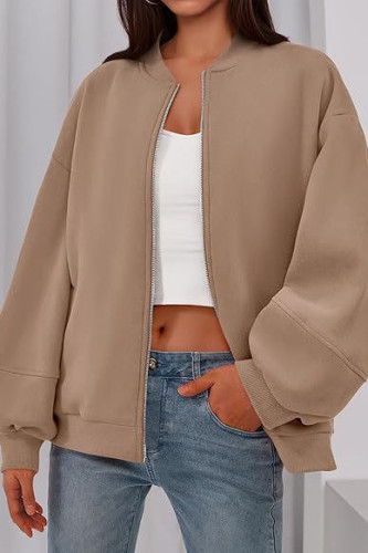 Baseball Collar Long Sleeved Solid Color Zipper Jacket