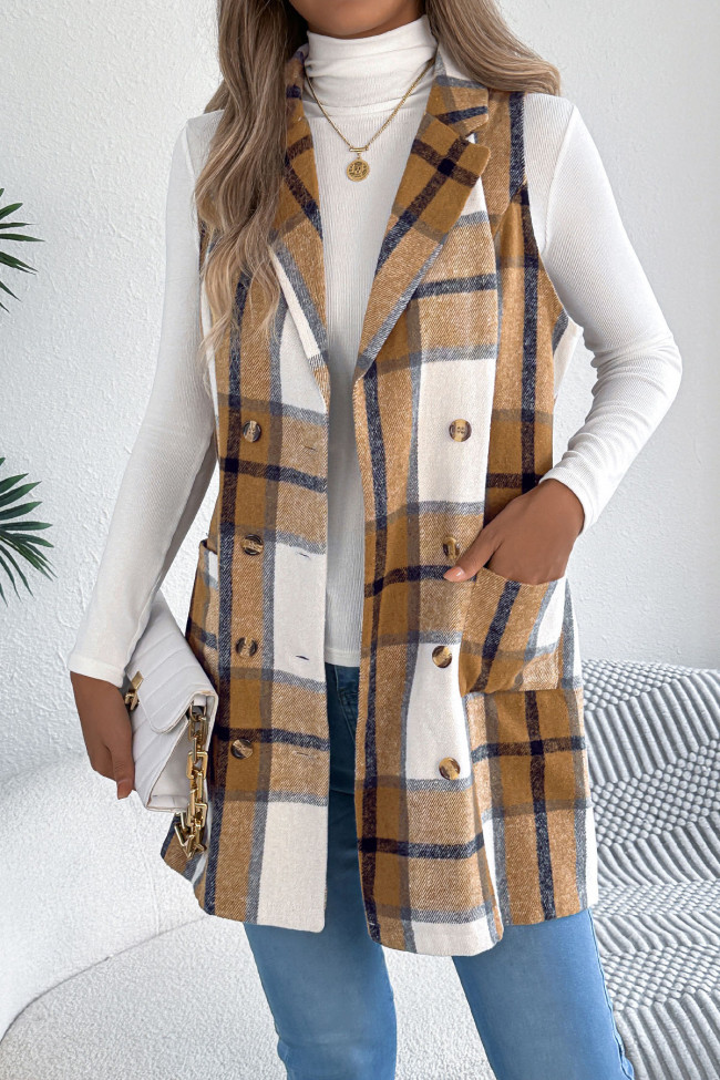 Checkered Print Lapel Sleeveless Vest