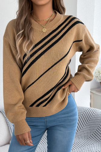 Striped Round Neck Lantern Long Sleeved Sweater