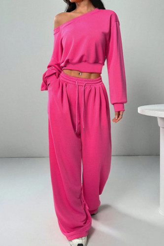 One Shoulder Loose Knit Short Long Sleeved Pants Set