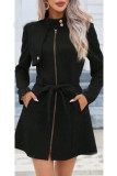Solid Color Lapel Waist Cinched Long Sleeved Jacket