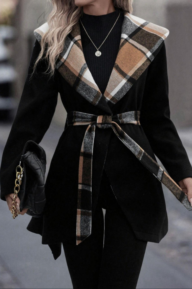 Plaid Lapel and Waist Cinching Woolen Coat