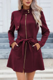 Solid Color Lapel Waist Cinched Long Sleeved Jacket