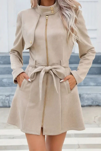 Solid Color Lapel Waist Cinched Long Sleeved Jacket