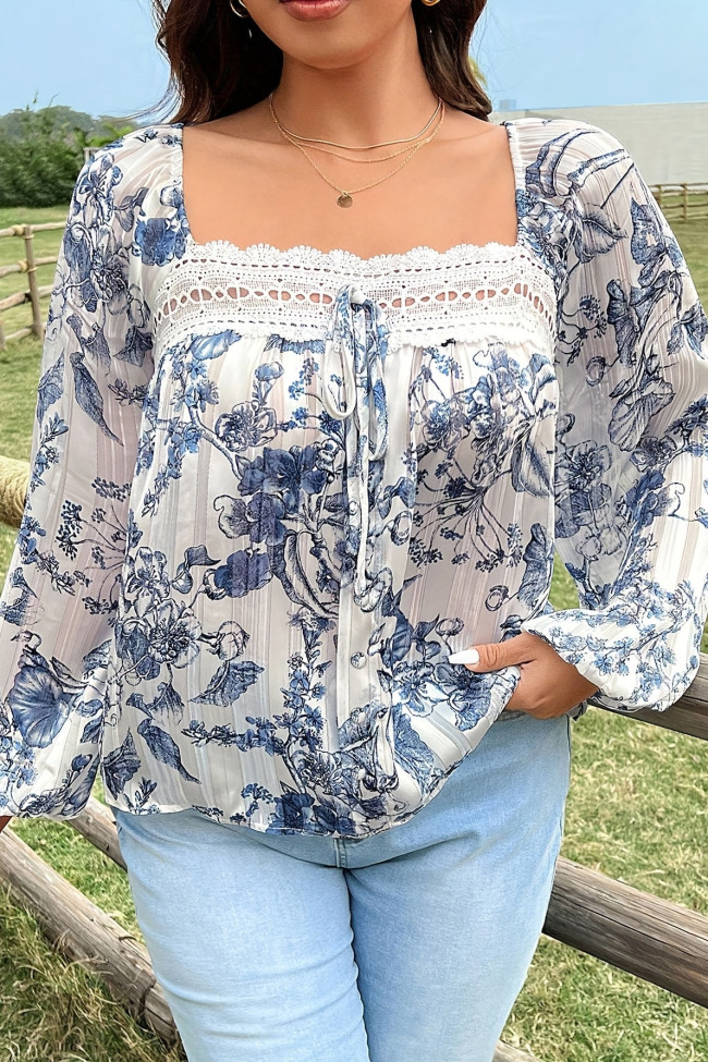 Large Size Square Neck Long Sleeved Chiffon Shirt