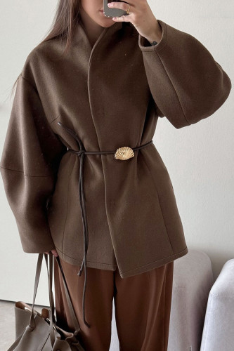 Solid Color Long Sleeved Loose Waist Woolen Coat