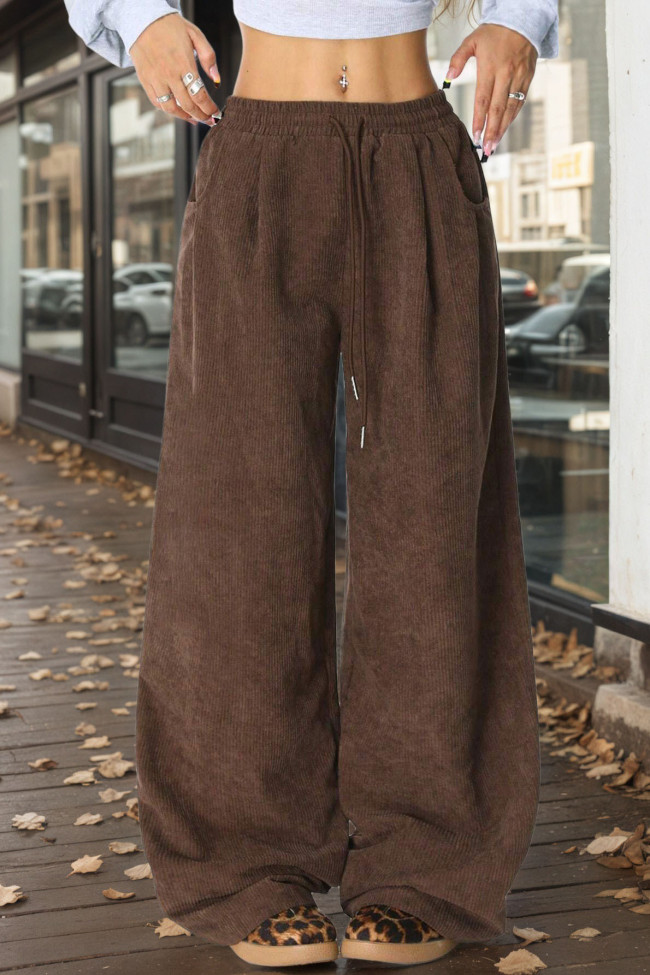 Solid Color Elastic Waist Wide Leg Pants