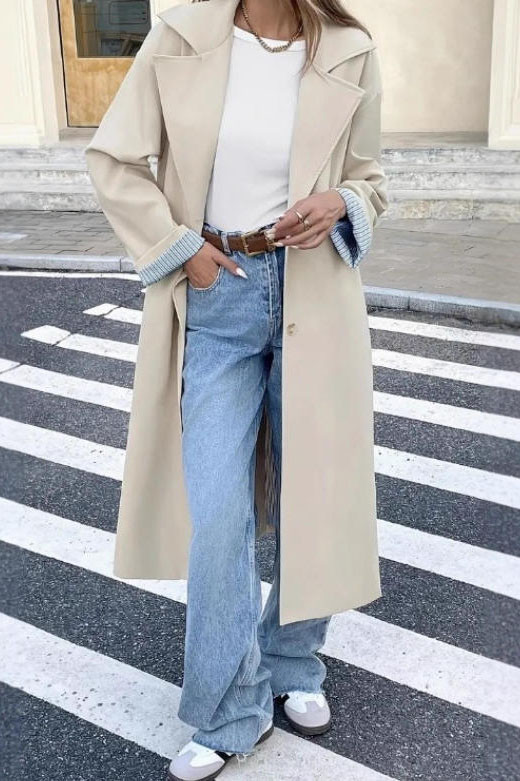 Solid Color Lapel Long Sleeved Trench Coat Jacket