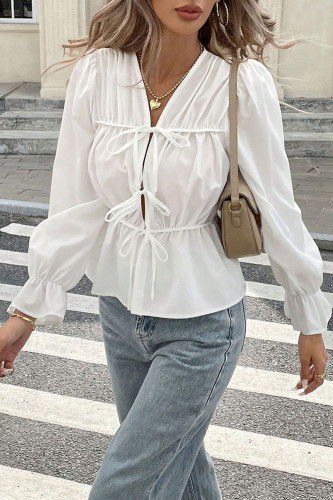 Solid Color Ruffled Long Sleeved Lace Up Shirt