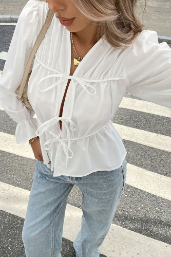 Solid Color Ruffled Long Sleeved Lace Up Shirt