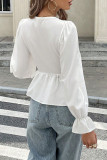Solid Color Ruffled Long Sleeved Lace Up Shirt