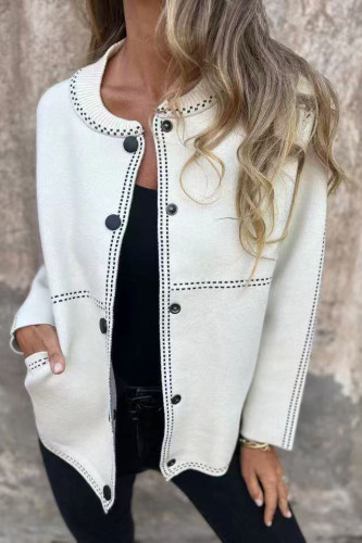 Striped Round Neck Long Sleeved Woolen Coat