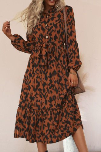 Retro High Neck Leopard Print Long Sleeve Dress