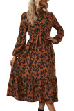 Retro High Neck Leopard Print Long Sleeve Dress