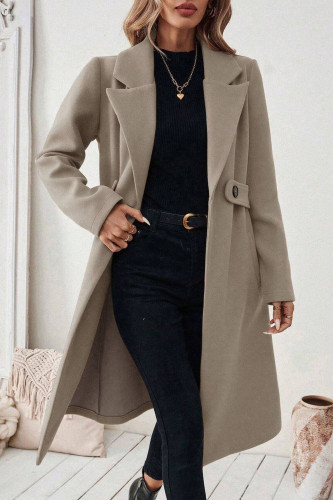 Solid Color Lapel Long Sleeved Woolen Coat
