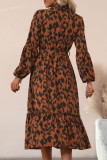 Retro High Neck Leopard Print Long Sleeve Dress