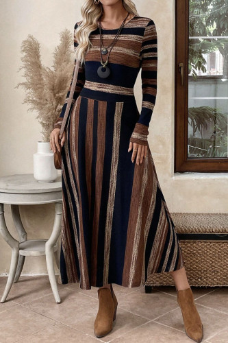 Round Neck Long Sleeved Waist Cinching Vintage Dress