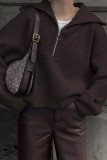 Zipper Lapel Solid Color Long Sleeve Sweater