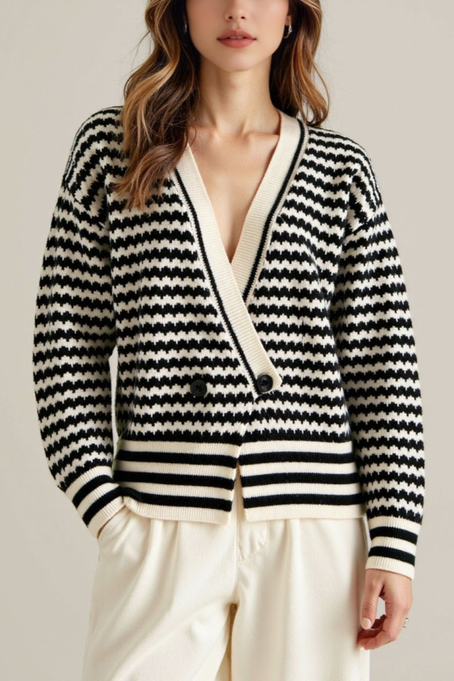 V-neck Striped Long Sleeved Knitted Sweater