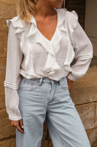 Lotus Leaf Edge V-neck Long Sleeve Shirt