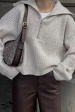 Zipper Lapel Solid Color Long Sleeve Sweater