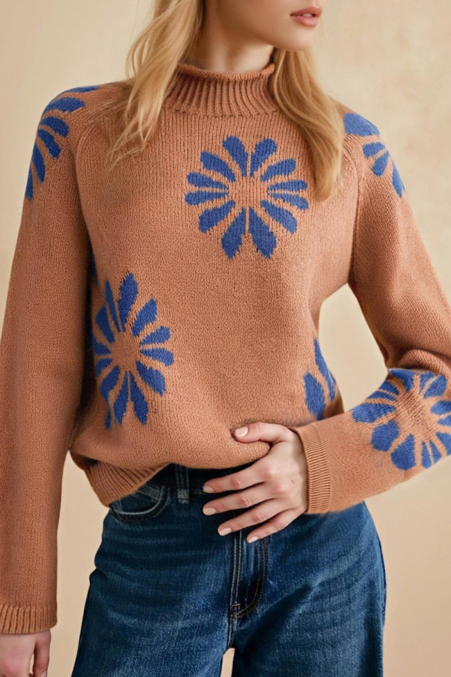 Round Neck Floral Print Long Sleeved Sweater