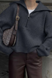 Zipper Lapel Solid Color Long Sleeve Sweater