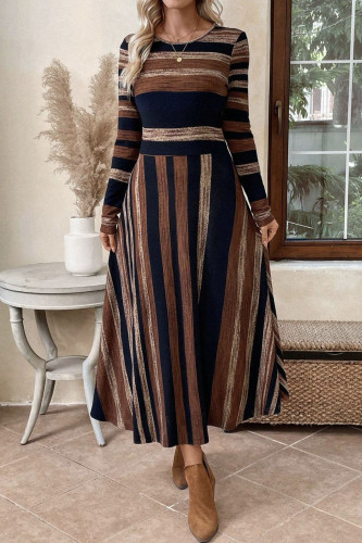 Round Neck Long Sleeved Waist Cinching Vintage Dress