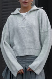 Zipper Lapel Solid Color Long Sleeve Sweater